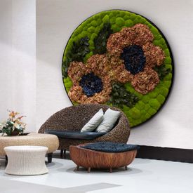 Moosbild rund mit Ballenmoos, Pflanzen & Hortensien Holzfaserplatte schwarz lackiert matt - 1