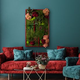 Moosbild Waldmoos, Pflanzen & Hortensien roter Tischlerrahmen - 1