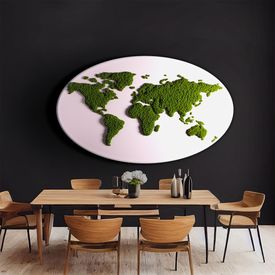 Moosbild Weltkarte Islandmoos apfelgrün oval 200 x 121 cm auf Pappelholz weiß lackiert - 1