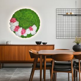 Moosbild mit Ballenmoos, Hortensien & LED-Beleuchtung